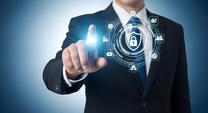 Businessman touching security shield with padlock for data protection and cybersecurity access - Powered by Adobe