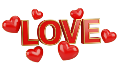 Love text with red hearts isolated on transparent background