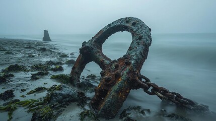 Eroded Anchors Remnants Coastal Relic in Misty Seascape Long Exposure.