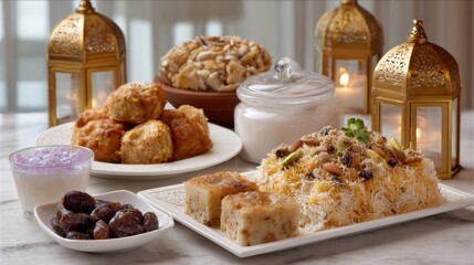 Traditional middle eastern feast with biryani, dates, and sweets