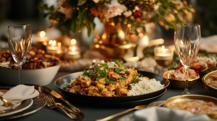 Elegant dinner setting with indian cuisine and candlelight ambiance