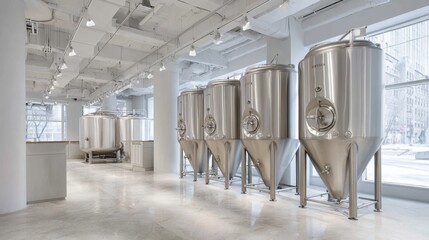 Modern brewery interior with large stainless steel fermentation tanks