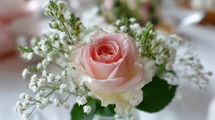 Delicate pink rose bouquet with white baby's breath on soft background