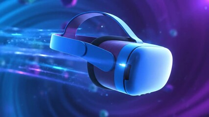 Futuristic virtual reality headset floating through a digital abstract colorful vortex with geometric shapes - Powered by Adobe