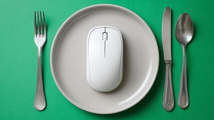 A computer mouse rests centered on a plate, surrounded by silverware, on a vibrant green background. It represents a digital meal