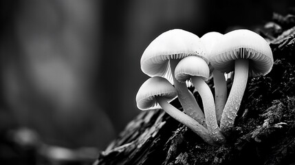Ethereal Monochrome Cluster of Delicate Mushrooms on Forest Floor Backlit.