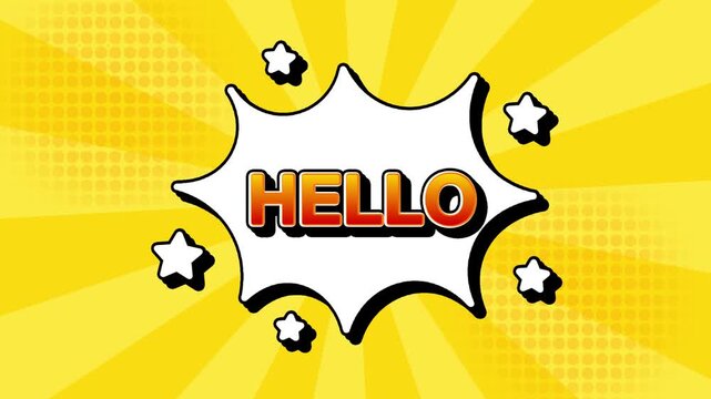 Hello text word lettering popup comic cartoon reveal with bomb and smoke explosion manga anime book page dots with radial speed lines doodle yellow background with seamless loop animation retro 