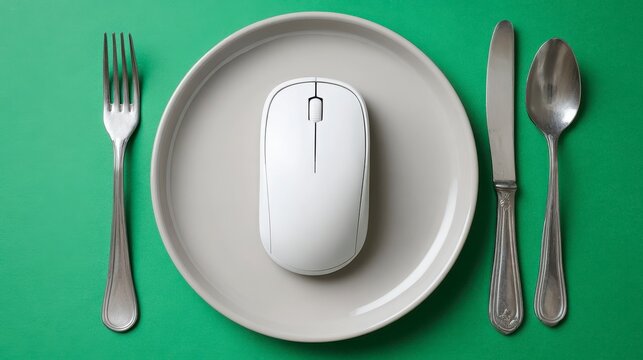 A computer mouse rests centered on a plate, surrounded by silverware, on a vibrant green background. It represents a digital meal - Powered by Adobe