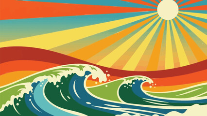 Vibrant colorful ocean waves with white foam cresting under a bright sunny sky with radiant beams of light with beach and sea with water