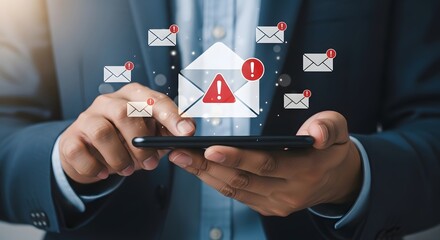 Email spam warning alert notification on smartphone phishing scam and security threat concept man using phone