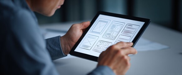 mobile app wireframes showcased on a digital tablet for interface development