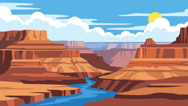 Dramatic canyon vector landscape wallpaper with layered rock formations, river below, and open sky, flat illustration perfect for adventure wallpapers and nature backgrounds