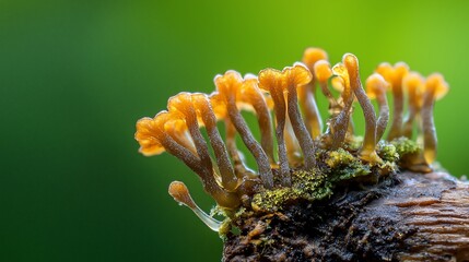 Exquisite CloseUp of Tiny Orange Fungi on Mossy Wood Green Backdrop.