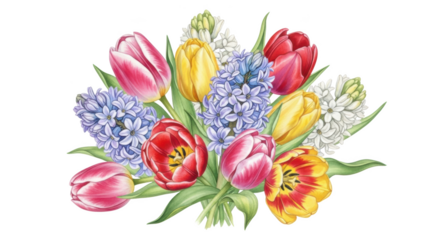 Pink yellow and red tulips with blue and white hyacinths bouquet isolated on black flower floral