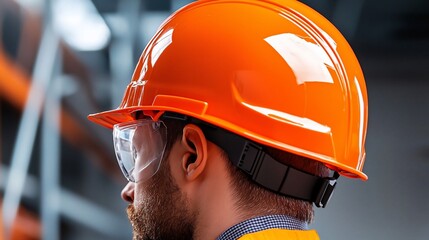 Focused Construction Worker Orange Hard Hat and Safety Glasses Detail.