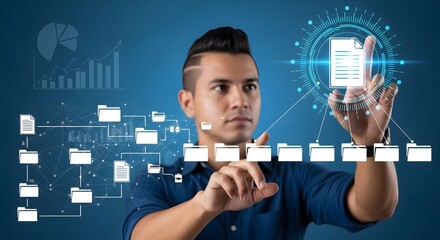 Man interacting with data cloud storage network file management system interface technology concept