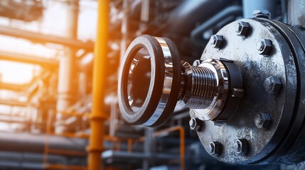 Industrial Pipeline Detail CloseUp of Flange Bolts and Chrome Fitting with Warm Light.