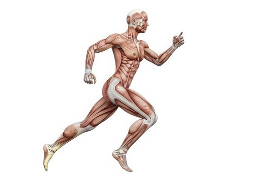 Anatomical illustration of a running human muscular system