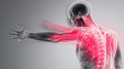3D anatomy of shoulder and back with diffuse red pain area for physical therapy or referred pain explanation
