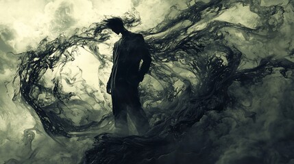 Melancholic Silhouette Man Engulfed in Dark Swirling Smoke and Shadow.