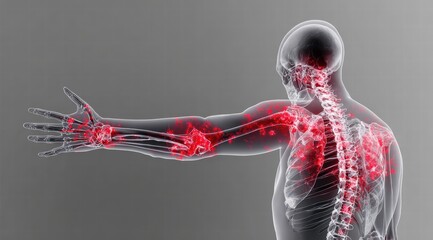 3D translucent upper torso skeleton with bilateral shoulder pain points for chronic pain or rheumatology
