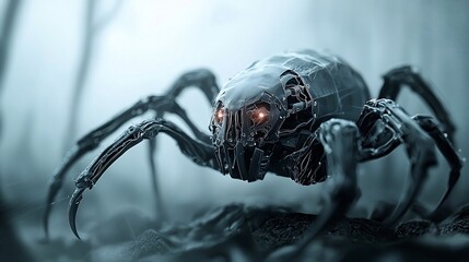 Menacing Mechanical Spider with Glowing Red Eyes in Eerie Blue Light.