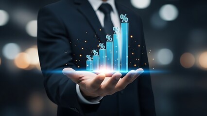 Businessman holding glowing blue bar chart with percentage signs and bokeh lights hand graph