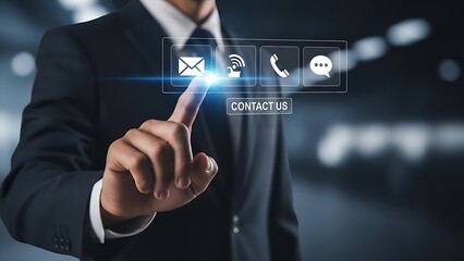 Businessman touching digital screen with contact icons and contact us button hand finger