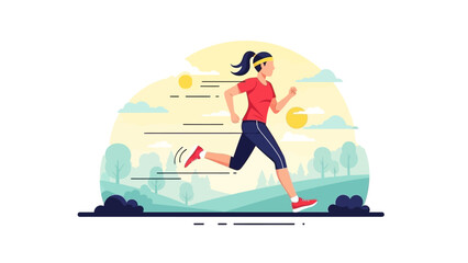 Woman jogging outdoors in a scenic park during sunrise or sunset.