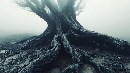 Mystical Ancient Tree in Dense Fog Gnarled Roots and Branches Eerie Atmosphere.