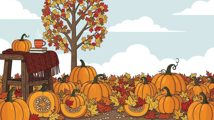 A vibrant autumn scene with pumpkins, a tree, and a table with a cup on a sunny day with clouds with harvest and fall with thanksgiving