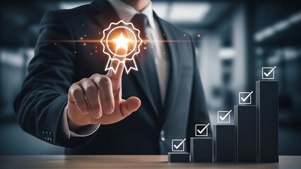Businessman touching glowing award icon and rising bar chart with checkmarks star certificate