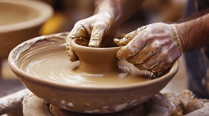 Potters Hands Shaping Clay on Wheel Artistic Craftsmanship in Studio.