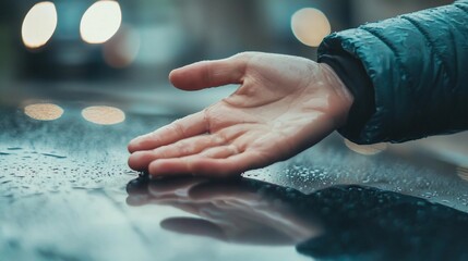 RainKissed Hand on Car Hood Reflective Surface Urban Lights Moody Atmosphere.