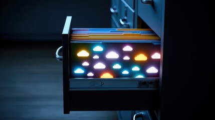 Colorful cloud icons emerging from a file drawer, symbolizing digital storage and data management in a modern office environment, technology concept