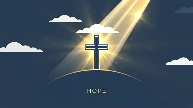 Christian cross on a hill changing focus with clouds and a shining light ray, hope concept for religious worship and spiritual devotion