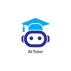 AI Tutor Robot Icon With Graduation Cap, Virtual Learning Assistant Chatbot Symbol For Online Education, E Learning App Logo

