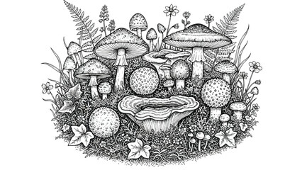 A detailed illustration of various mushrooms and toadstools in a forest clearing with flowers and foliage in a black and white with line