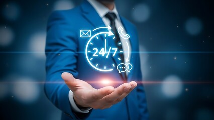 Man in blue suit holding glowing 24/7 service icon with phone and message symbols support customer service