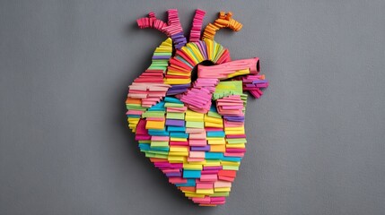 Colorful, abstract human heart sculpture made from stacked paper pieces, a creative representation on gray