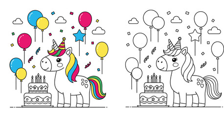 Cute unicorn birthday coloring page vector illustration with cake and balloons. Kawaii animal character black and white outline vs colored version for kids activity book and party design. © SHOHAG