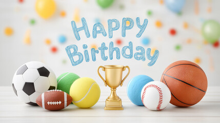 Fun sports-themed background for a boy&rsquo;s birthday with a kids trophy and football, basketball, baseball, and tennis balls. Bright colors, soft blur, festive decor.
