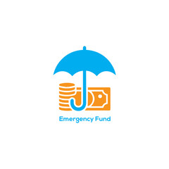 Emergency fund savings icon with umbrella protecting cash and coins, financial safety buffer vector illustration isolated on white background

