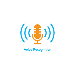 Voice recognition microphone icon with sound waves for AI assistants, podcasts, audio apps, speech technology vector illustration isolated design

