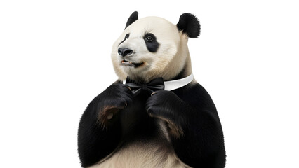 Charming panda in a black bow tie on a white background, elegantly adjusting formal wear, looking dapper and sophisticated for a special event, cute animal portrait.