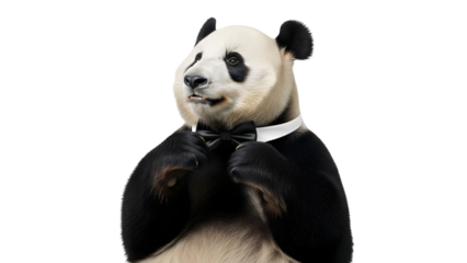 Charming panda in a black bow tie on a white background, elegantly adjusting formal wear, looking dapper and sophisticated for a special event, cute animal portrait.