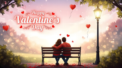 A couple enjoying valentine's day on a park bench under heart balloons