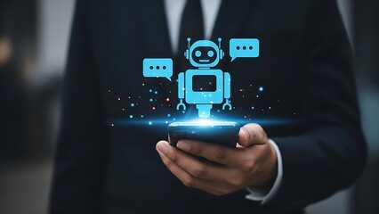 Person holding smartphone displaying blue robot chatbot with speech bubbles and glowing particles