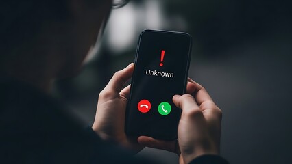Person holding smartphone displaying incoming call from unknown number with red exclamation mark call screen