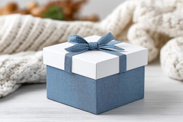 Father's Day card featuring a blue gift box with ribbon against a cozy home interior background, symbolizing care, appreciation, family warmth and celebration.
